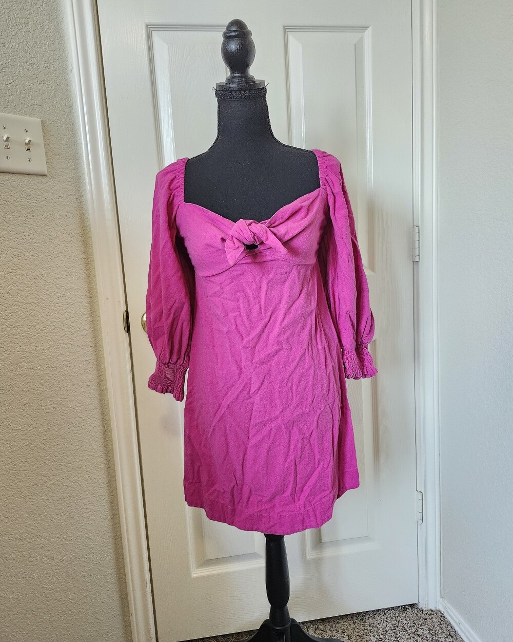 FARM Rio Hot Pink Tie-Front Puff Sleeve Mini Dress